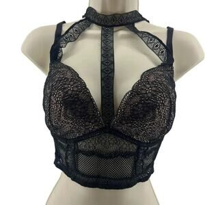 Victoria's Secret Long Line Choker Black Mesh Lined Plunge Bra Womens 34DD